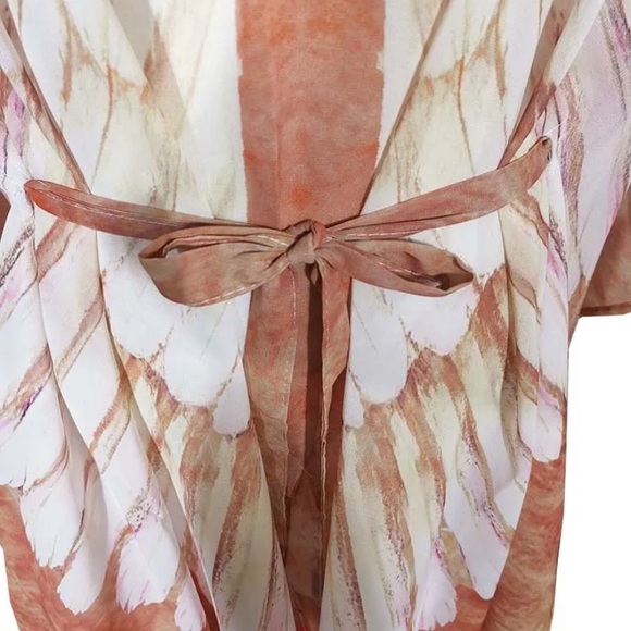 Angel Wings Feather Print Sheer Peach Kimono - Picture 4 of 5